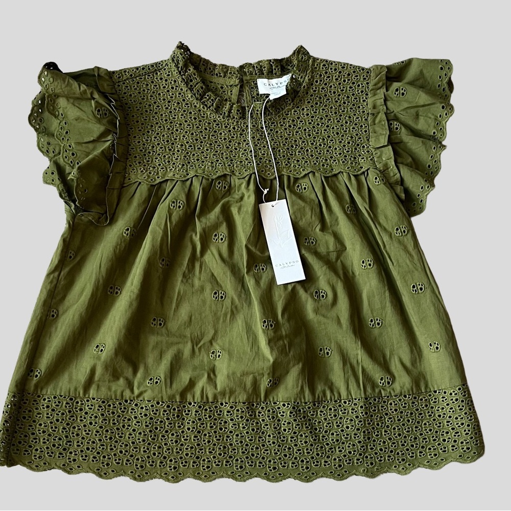 NWT Calypso St. Barth 100% Cotton Olive Green Peasant Top Size Medium